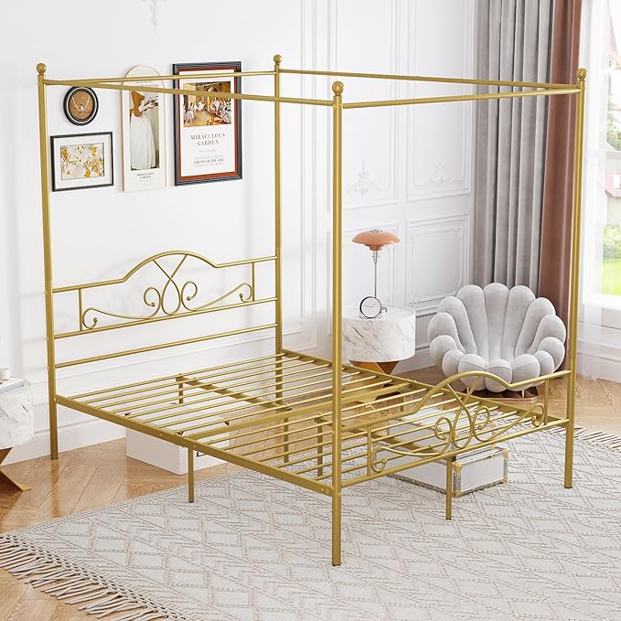 Weehom Canopy Bed Frame Queen Size with Headboard and Footboard, Four-Poster Canopy Bed Metal Platform Mattress Foundation Underbed Storage No Box Spring Needed Easy Assembly, Gold