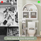 Over The Toilet Storage Cabinet, 31''W Arched Space-Saving Bathroom Organizer with Adjustable Shelf and Acrylic Doors, Freestanding Over Toilet Cabinet for Bathroom, Laundry, Restroom (White)