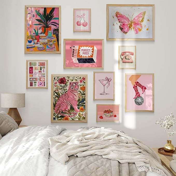 Preppy Room Decor Teen Girls Aesthetic Bedroom Decor, 10 pcs Framed Pink Wall Art, Leopard Print Wall Decor, Matchbox Poster, Aesthetic Y2K Preppy Wall Decor Prints