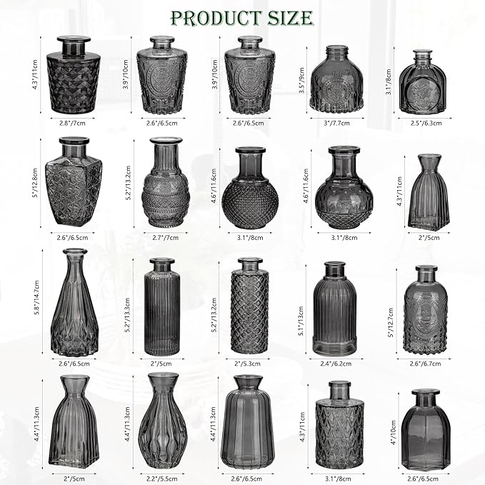 Glass Bud Vases Set of 20, Small Flower Vase in Bulk for Centerpieces, Mini Vintage Grey Vases for Rustic Wedding Vintage Home Table Decor