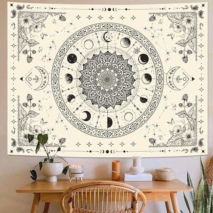 Lunerfex Mandala Moon Tapestry Boho Tapestry for Bedroom Black and White Tapestries Wall Hanging Living Room Wall Art and Home Decor 44x60