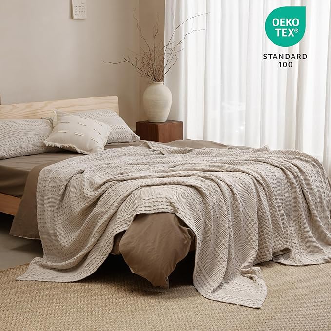 PHF 100% Cotton Waffle Weave Blanket Queen Size, Soft Lightweight Breathable Cozy Summer Blankets for Bed, Luxury Aesthetic Woven Bedding for Home Decor, 90"x90", Oatmeal