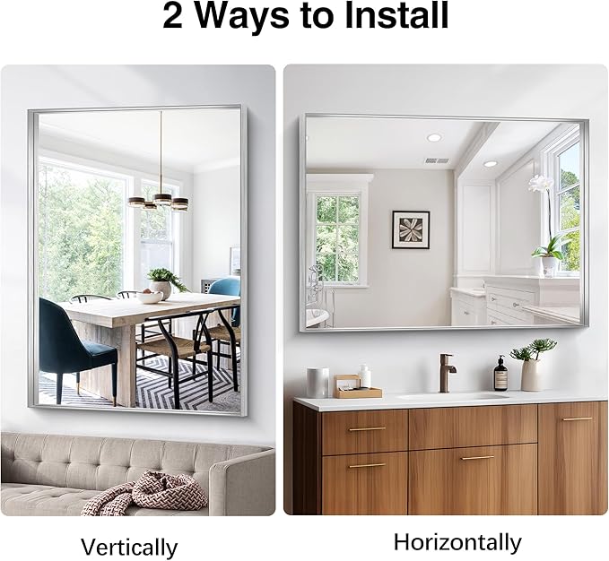 Silver Bathroom Mirror, 36x48 Inch Rectangular Deep Frame Mirror, Large Wall Mounted Bathroom Vanity Mirror Over Sink for Bedroom,Restroom, Living Room, Hangs Vertically or Horizontally
