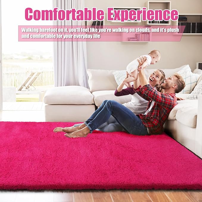 Shag Area Rug for Bedroom 5x8,Fluffy Area Rugs for Living Room,Soft Fuzzy Rug Non-Shedding Indoor Plush Carpet for Kids Bedroom Nursery Dorm Home Decor,Hot Pink