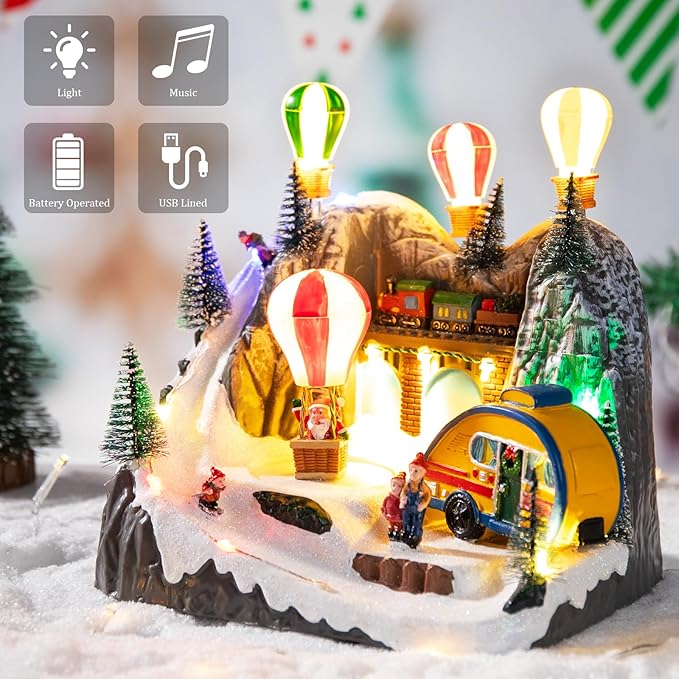 VCUTEKA Christmas Village, Hot Air Balloon Snow Mountain with Rotating Santa Claus Lighted Musical Village Perfect Addition to Your Christmas Indoor Decorations or Holiday Displays