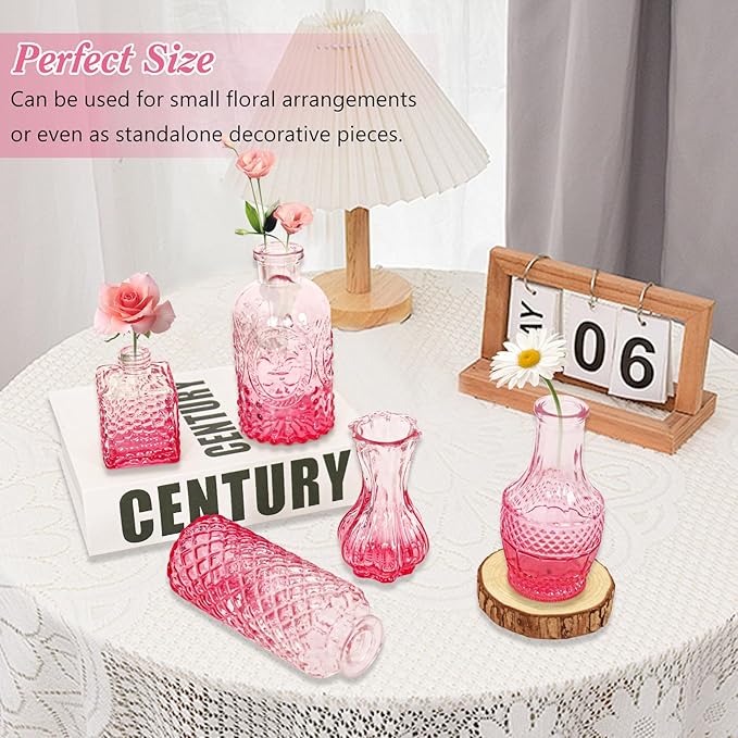 Set of 40 Glass Bud Vases, Small Pink Glass Vases in Bulk, Mini Vintage Embossed Flower Vase for Wedding, Centerpieces, Birthday Party, Baby Shower, Home Table Decorations (Pink)