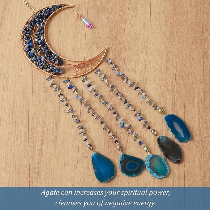 Agate Gemstone Dream Catcher 7 Chakra Tree of Life Dream Catcher with Rainbow Crystal Stones Handmade Dreamcatcher Wall Decor for Adults Boys Girls,Bedroom,Wedding,Garden,Bless Gift(Blue Moon)