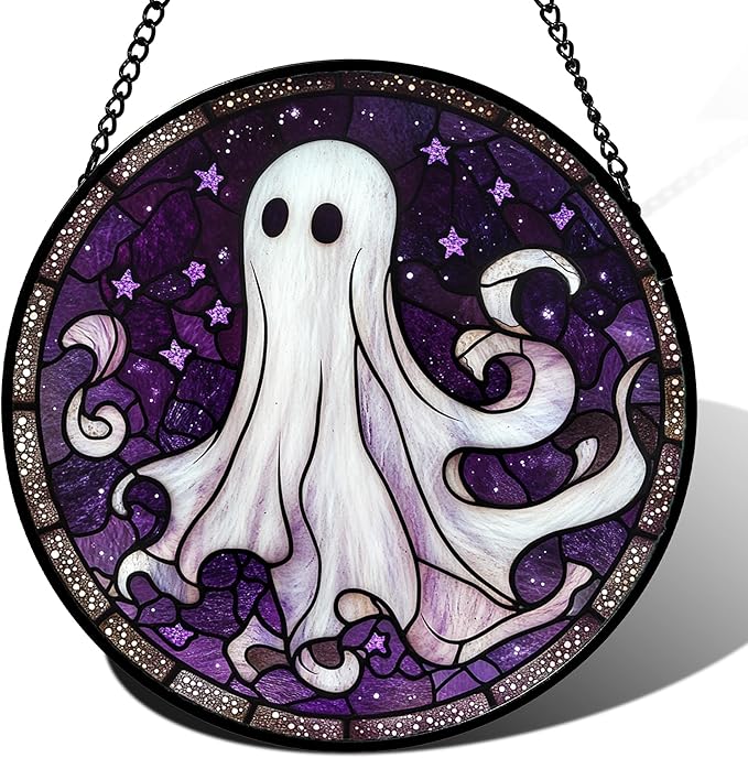 Stained Glass Window Hanging - Halloween Decorations White Ghost Purple Stars Suncatcher for Doors Garden Spooky Funny Sun Catchers Gothic Decor Horror Gifts for Women Men Friend 9.8 in