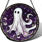 Stained Glass Window Hanging - Halloween Decorations White Ghost Purple Stars Suncatcher for Doors Garden Spooky Funny Sun Catchers Gothic Decor Horror Gifts for Women Men Friend 9.8 in