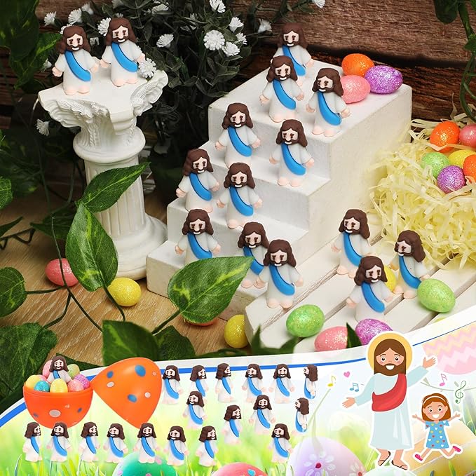 Bememo 100 Pcs Jesus Toys Original Design Mini Rubber Little Jesus Figurine to Hide and Seek Religious Party Favors Sunday School Craft Baptism Gifts for Easter Egg Stuffers(Blue)