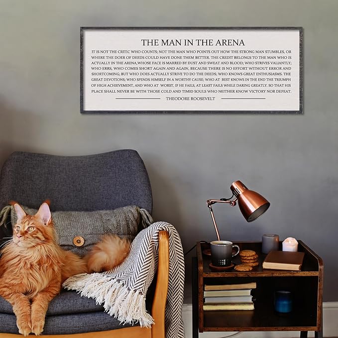 LuZhiQiang The Man in the Arena Wall Decor 40''x15'' Inspirational Quotes Office Wood Framed Sign Rustic Home Motivational Art For Man Entrepreneur Morden Living Room Wall Hanging Decor (Black)