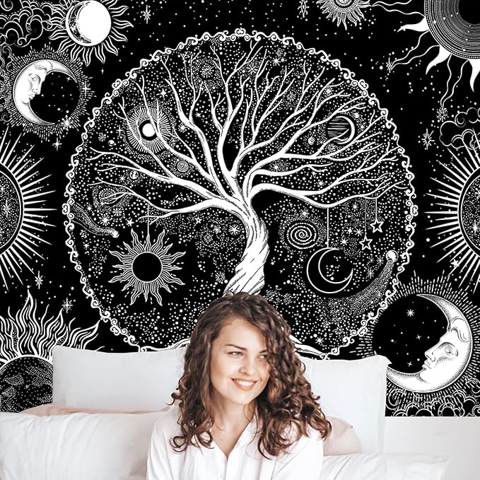 AACKart Tree of Life Tapestry for Bedroom Aesthetic Room Decor-Black and White Spiritual Tree Tapestry Wall Hanging with Sun Moon Star 59.1 x 51.2 inches