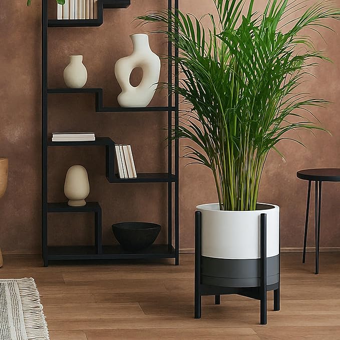 D'vine Dev Ceramic Planter with Ebony Stand - 12 Inch Modern Round Flower Pot with Wood Planter Holder, White/Grey, 55-B-H-6