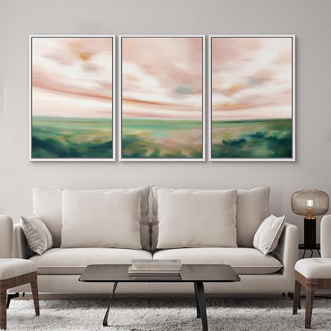 SIGNWIN Framed Canvas Print Wall Art Set Pastel Watercolor Pink Cloud Sky Green Countryside Hill Nature Wilderness Illustrations Modern Art Decorative Scenic Relax/Calm for Bedroom - 24"x36"x3 White