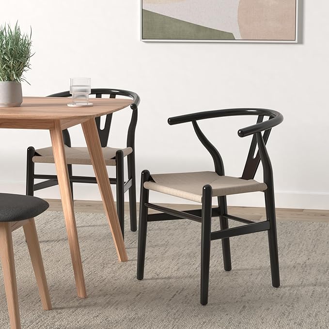 POLY & BARK Weave Dining Chairs – Mid-Century Modern Wishbone Dining Chairs with Arms, Solid Wood Frame, Indoor Use – Black – Set of 2 - Ideal for Dining Room, Kitchen or Stylish Accent Setting