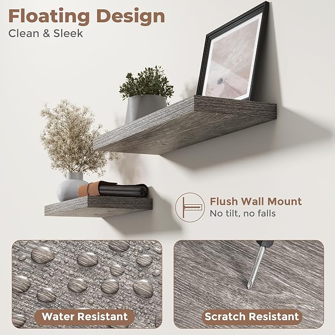55 Inch Floating Shelves for Wall Set of 2, 8"D Wood Grain Bathroom Shelves with Invisible Brackets, Easy Install Engineered Wood Storage Shelves for Kitchen, Living Room, Bedroom, Grey Oak Finish