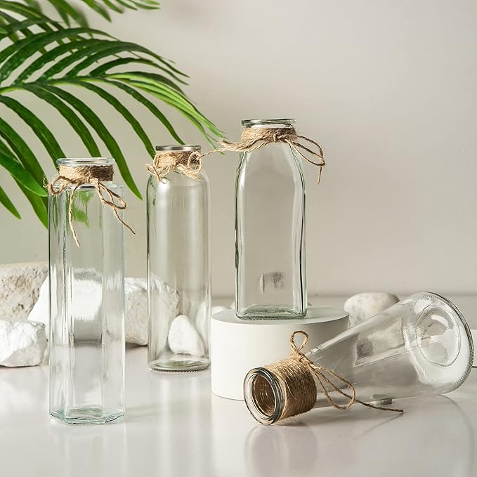 Flowers Vases Set of 10, Small Clear Glass Vases with Rope Design and Differing Unique Shapes Flower Vase for Home Holiday Decoration