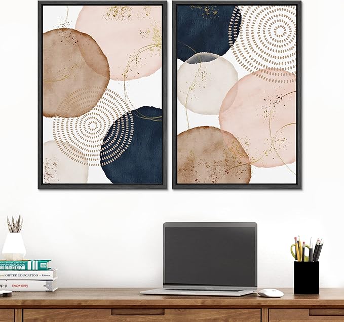 SIGNFORD Framed Wall Art Print Set Pastel Watercolor Vibrant Circle Collage Abstract Shapes Illustrations Modern Minimalist Relax/Calm Multicolor for Living Room, Bedroom, Office - 24"x36"x2 Black