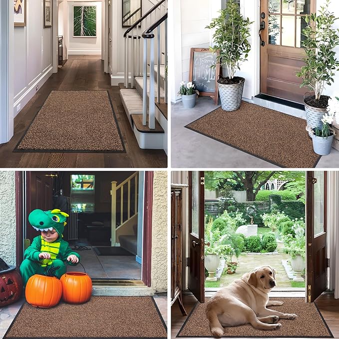 Mibao Front Door Mat, Dirt Trapper Welcome Mat for Outdoor Indoor, Non-Slip Waterproof Doormat, Durable Machine Washable Low Profile Entry Rug for Back Door Outside Patio Porch, 32" x 20", Brown