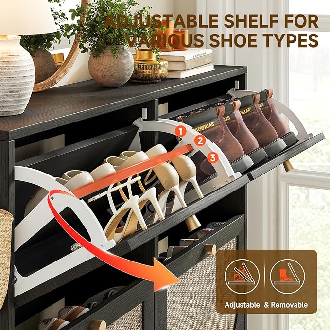 Nicetree Freestanding Arched Rattan Accent Ultra Slim Shoe Cabinet for Entryway - 4 Flip Drawers & 3-Tier Adjustable Shelves, Farmhouse Modern Rustic Shoe Rack for Hallway, Foyer, Living Room