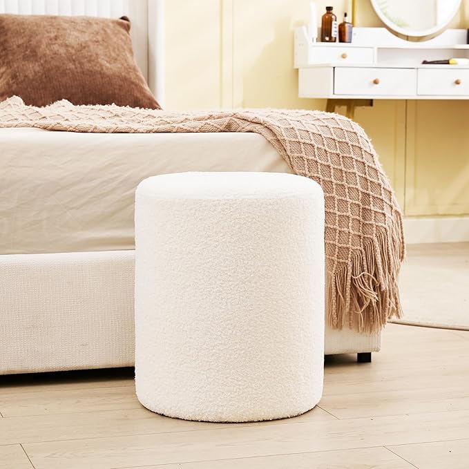 Modern Round Ottoman, Classic Foot Stool Ottoman, Teddy Fleece Upholstered Vanity Stool for Makeup, Bedroom, Living Room, White