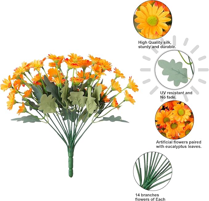 Daisy Artificial Flowers for Outdoors Summer Fall Decoration, 6 Bundles Fake Mums Silk Flowers for Outside Look Real UV Resistant Fake Plants Faux Flowers for Planter Front Door Home Indoor Porch, Mix