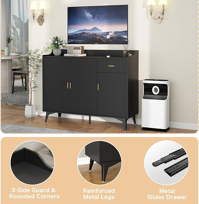 Sideboard Buffet Cabinet with Drawers: 47" Black Fluted Sideboard Cabinet with Drawers and 3 Doors, Modern Wood Credenza Storage Cabinet, Large Accent Cabinets for Living Room (47")