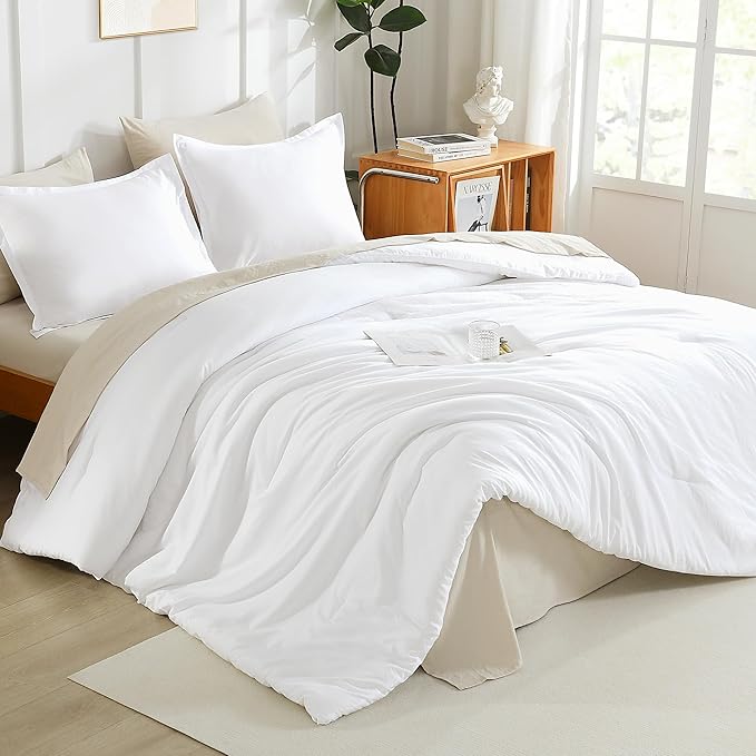 Litanika White Comforters Oversized King Size, 3 Pieces Lightweight Solid Bedding Comforter Set, All Season Fluffy Bed Set (120x98In Comforter & 2 Pillowcases)