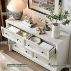 Farmhouse 6 Drawers Dresser for Bedroom, White Dressers, 52" Wide Rustic Wood Chest of Drawers with Natural Texture, Metal Handle, Storage Closet Dressers for Bedroom, Living Room