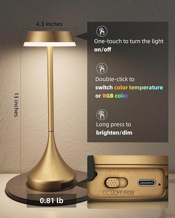 EZVALO Rechargeable Table Lamp, Cordless Portable 6000mAh Battery Operated Lamp,3 Color & RGB Color Changing Stepless Dimming Waterproof Table Light for Dinner/Patio/Restaurant/Bar/Bedroom(1 Pack)