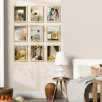 Vittanly 8x10 Picture Frames Set of 9, Shatter Resistant Plexiglass, Display 5x7 Pictures with Mat or 8x10 without Mat, Photo Frames for Wall or Tabletop, Engineered Wood, OAK