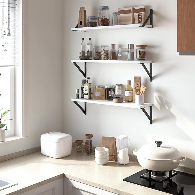 Heimlove Floating Shelves for Wall, 24 Inch Long Wood Floating Shelves Set of 3, Wall Mounted Hanging Shelf for Bathroom Bedroom Kitchen, White