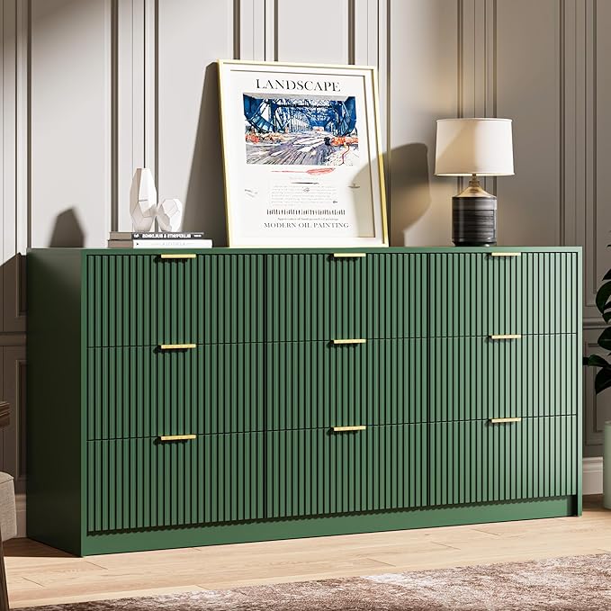 Green Dresser for Bedroom, 9 Drawer Double Dresser, Modern Chest of Drawers for Bedroom, Living Room, Entryway and Closet, 63" L x 15.7" D x 31.5" H