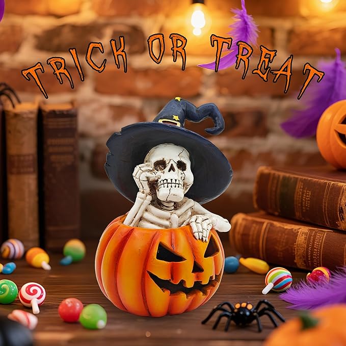 Skeleton Halloween Indoor Decoration: 6.1'' Witch Hat Skeleton Ornament with Solar Pumpkin for Home Fireplace Office Party Perfect Figurine Gift for Gothic Lovers