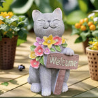 Solar Cat Garden Statue for Outdoor Decor, Cat Solar Light with Flowers, Resin Welcome Cats for Garden, Yard, Lawn Decor, Cats Lover Gifts for Women