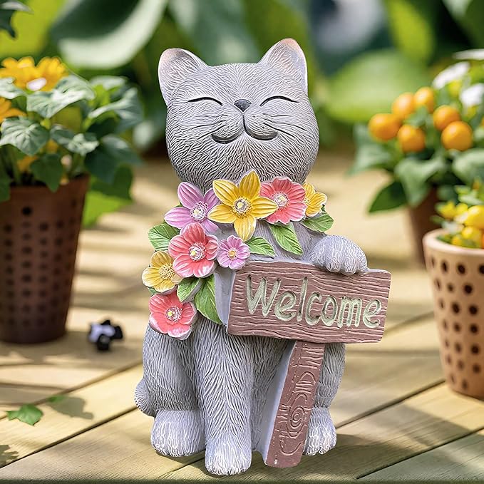 Solar Cat Garden Statue for Outdoor Decor, Cat Solar Light with Flowers, Resin Welcome Cats for Garden, Yard, Lawn Decor, Cats Lover Gifts for Women