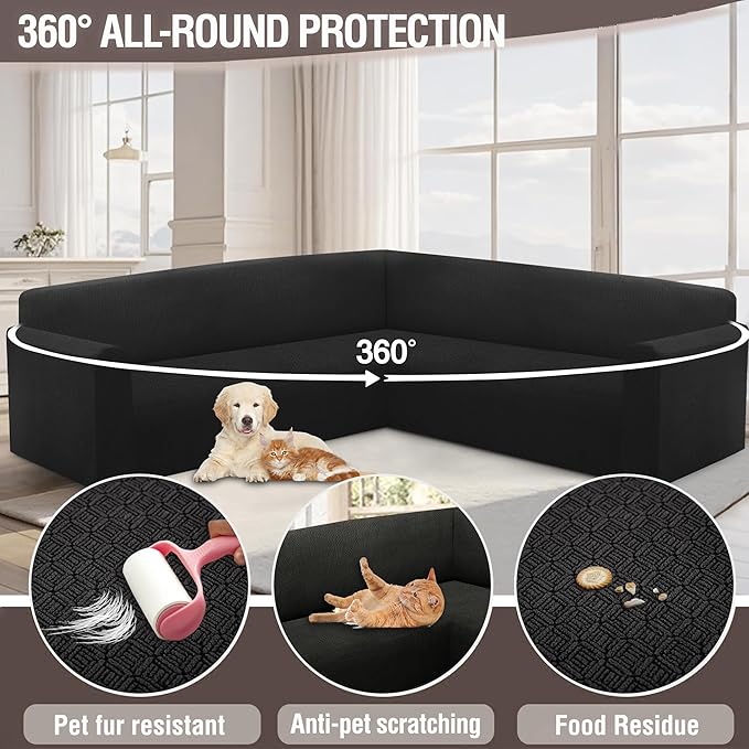 HDCAXKJ Sectional Couch Cover L Shape Stretch Sofa Covers Washable Jacquard Corner Couch Slipcover Non Slip Sectional Slip Cover U Shaped Furniture Protector for Pets Dogs (Black, Large)