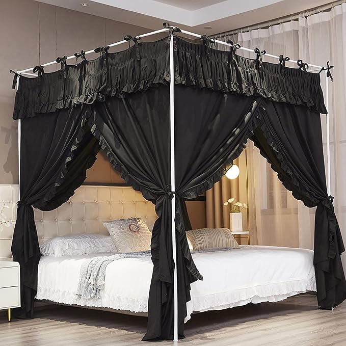Ruffle Lace up 4 Corners Post Princess Curtain Bed Canopy Cozy Breathable Mosquito Net Cloth for Girls Adults Bedroom Decoration (Black, 78" W*86" L*82" H/King)