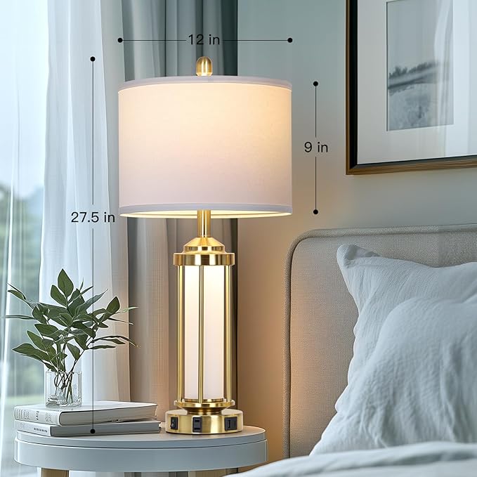 Modern Table Lamps, Gold 27" Industrial Table Lamp Set of 2 with USB A+C Charging Ports & AC Outlet, Farmhouse Rustic Beside Lamp for Living Room Bedroom Office End Table(4 LED Bulbs Included)