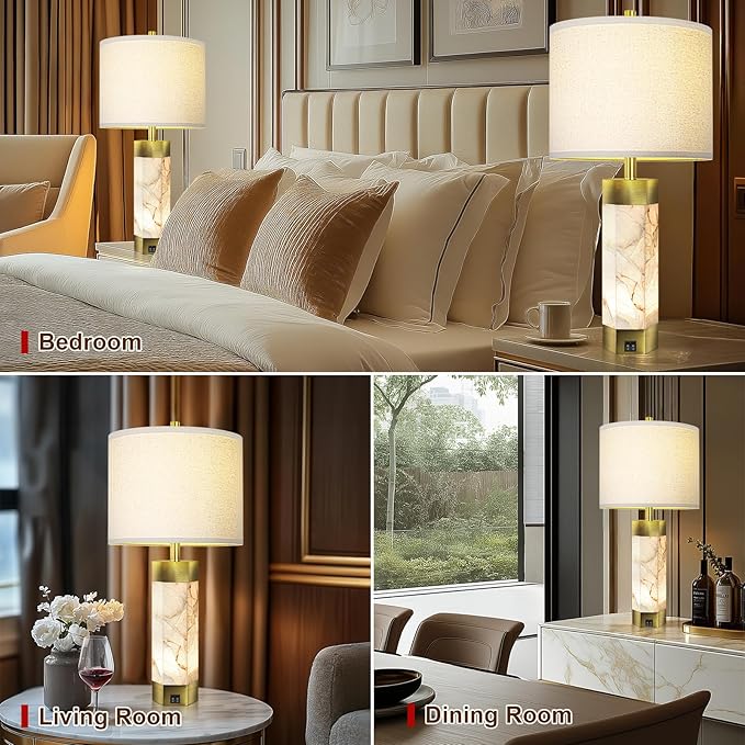 Natural Alabaster Table Lamps Set of 2,Table Lamp with Night Light for Living Room,Nightstand Lamp with USB Ports,Bedside Lamp with Linen Fabric Shade for Bedroom,Living Room,Office,Bar(Bulb Included)