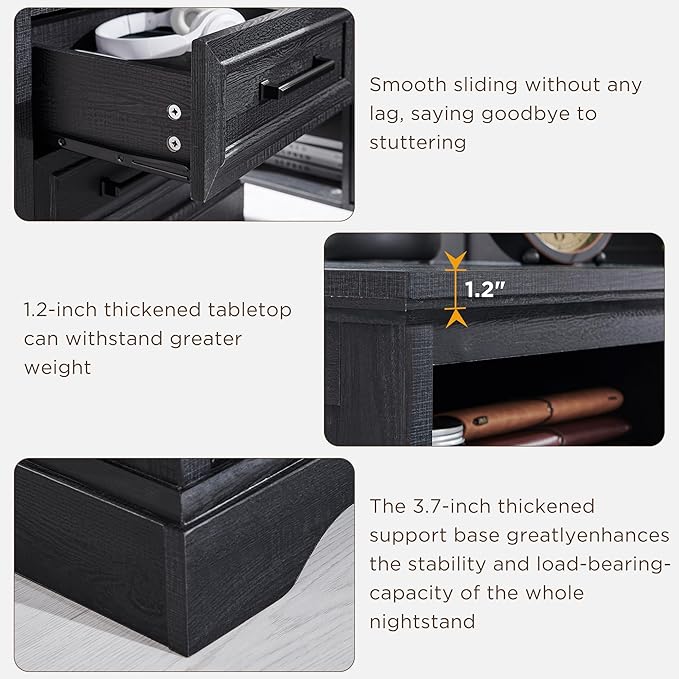 ACCOHOHO 18" Farmhouse Nightstand Set of 2 with Charging Station,End Table with 2 Drawers Storage,Side Table,Bedside Cabinet for Bedroom,Living Room, Black