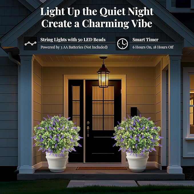 Lewondr Artificial Lavender Boxwood Topiary Ball with LED Lights, 23.6'' Artificial Shrub Bushes with Ground Spike, UV Resistant Faux Greenery Shrubs, Fake Plants for Indoor Outdoor Garden Patio Decor