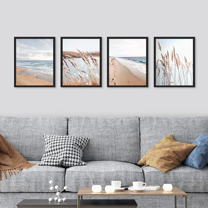 SIGNWIN Framed White Beach Grass Cloudy Ocean Sea Wave Horizon Wall Art, Set of 4 Landscape Colorful Wall Decor Prints, Nature Wilderness Wall Décor for Living Room, Bedroom - 12"x16" Black