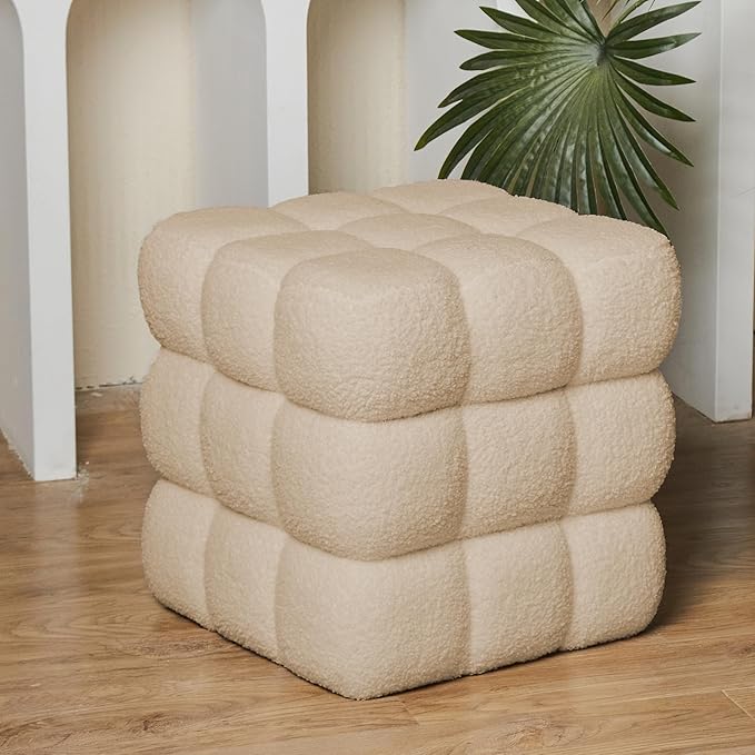 17''3 Square Ottoman Pouf Installed,Sturdy Wooden Frame,Capacity 330 lbs,Modern Sofa Stool Fuzzy Sherpa Footstool,Foot Rest,Cube Boucle,Vanity Stool,for Couch Living Room(Peach Fur)