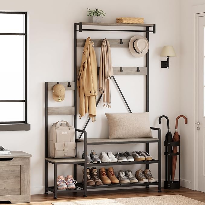 IDEALHOUSE Hall Tree with Bench and Shoe Storage Parent-Child Coat Rack Shoe Bench Industrial Coat Tree Entryway Large Organizer with Shoe Rack, Storage Cubbies, Hooks, and Top Shelf
