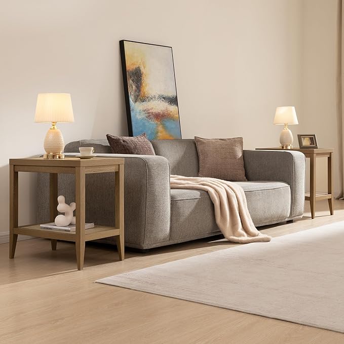 SICOTAS Rattan Nightstands Set of 2 Bedside Table - Boho Narrow End Table Living Room Set of 2 Side Table with Rattan Storage Shelves for Small Space