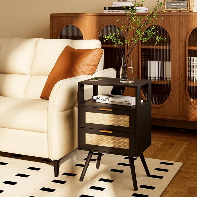 Rattan Nightstand,Farmhouse Bedside Table with 2 Storage Drawer and Open Wood Shelf, for Bedroom and Small Spaces,Night Stand with Solid Wood Legs (Black)
