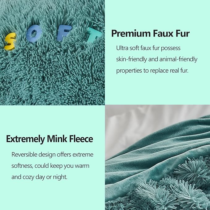 GONAAP Fuzzy Faux Fur Throw Blanket Queen Size Light Teal Super Soft Cozy Plush Fuzzy Shaggy Blanket for Couch Sofa Bed (Light Teal, Queen(90"x90"))