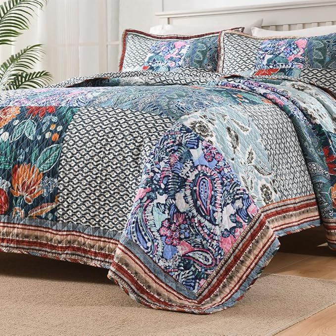 Cotton Bedspread Quilt Bedding Sets Reversible Coverlet Sets 3 Pieces Vintage Floral Blue Teal Patchwork Bedspread, King Size