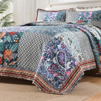 Cotton Bedspread Quilt Bedding Sets Reversible Coverlet Sets 3 Pieces Vintage Floral Blue Teal Patchwork Bedspread, Queen Size
